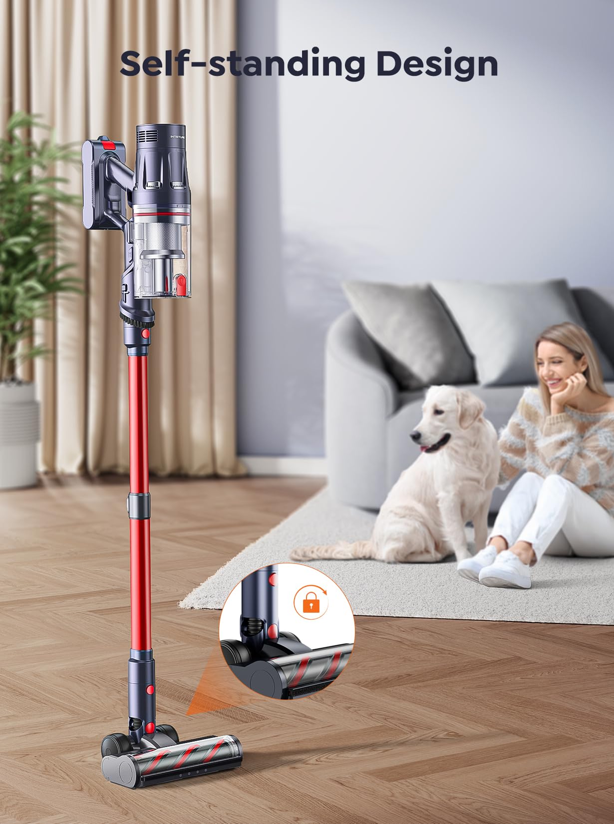 INTETURE Cordless Vacuum Cleaner, 550W 45Kpa Vacuum Cleaners for Home, Stick Vacuum with Self-Standing, Max 60 Mins, Touch Screen, Vacuum Cleaner with Charging Station for Hard Floor Carpet Car Pet