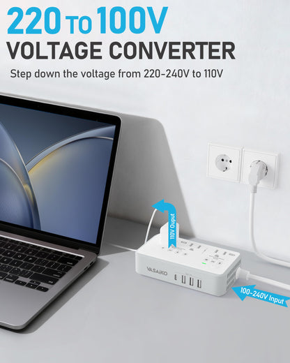 VASAIKO 220V to 110V Voltage Converter US to Europe, 2000W Voltage Converter for European Travel with 3 AC 2 USB-C 2 USB-A Ports, and Universal European Travel Adapter (Gray)