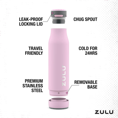 Zulu Ace 24oz Vacuum Insulated Stainless Steel Water Bottle with Chug Spout | Leak-Proof Locking Lid and Removable Base |Reusable Bottle for Cycling Sports Gym Travel Bicycle Bottle Cage | Pink