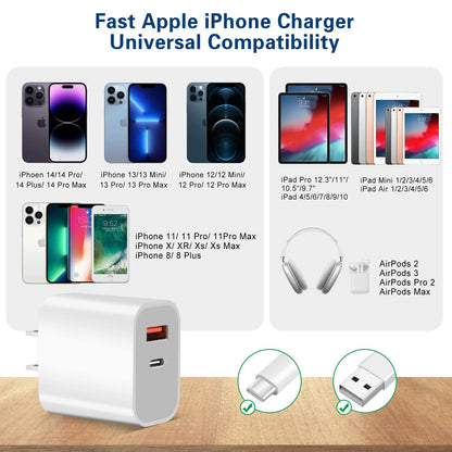 Fast Charger iPhone,Dual Port A/C iPhone Charger Fast Charging Block,2Pack Super Quick Double Apple iPhone Wall Charger Power Adapter 10FT USB C to Lightning Cable for iPhone 14/13/12/11/ProMax/XS/XR