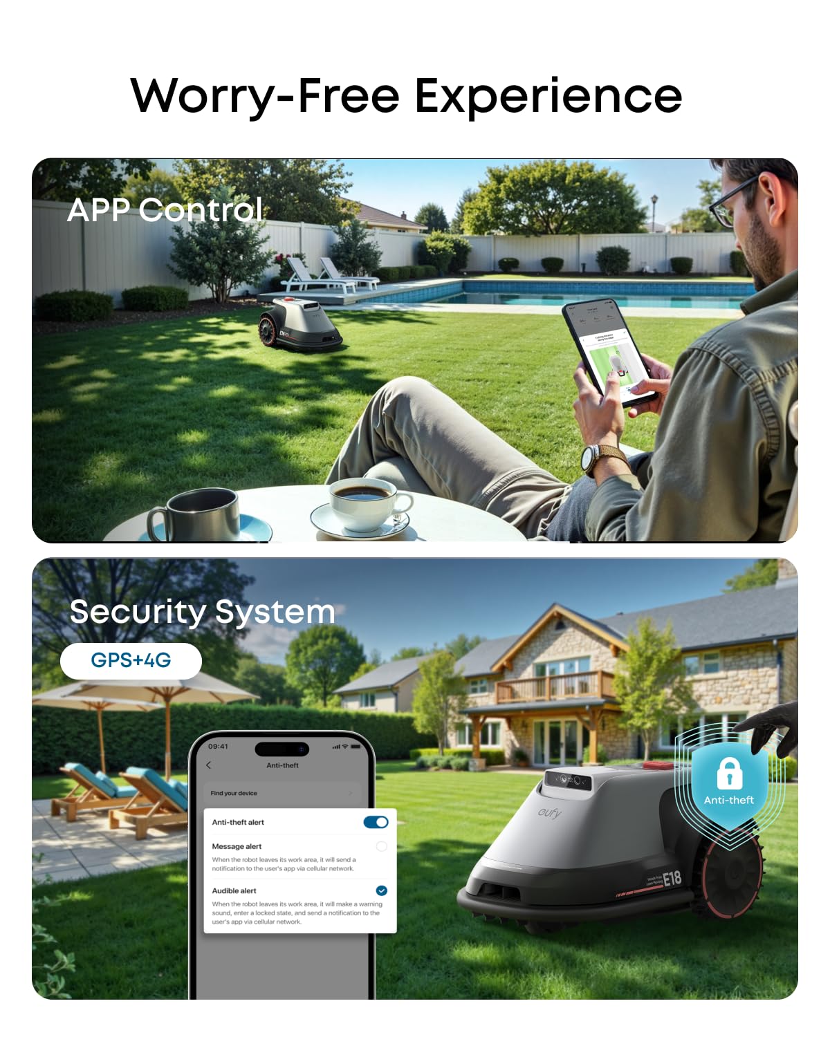 eufy E18 Robot Lawn Mower,Max 0.3 Acres,Wireless Robot Mower with Auto Mapping,Vision Navigation,Multi-Zone Management,Robotic Lawnmower with AI Obstacle Avoidance,APP Control,18°Slope,Cut Height1-3"