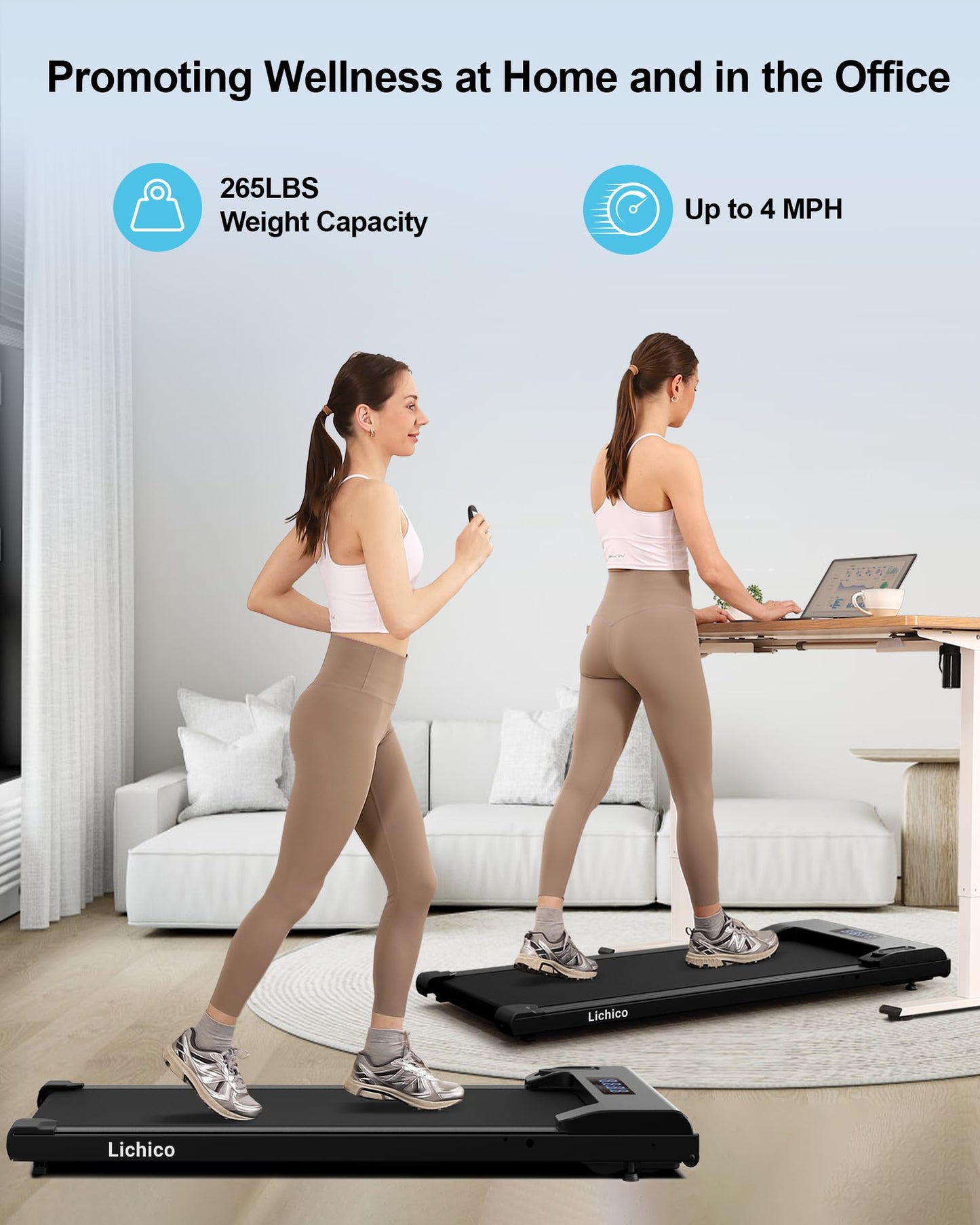 Lichico Walking Pad Under Desk Treadmill, Portable Small Treadmills for Home and Office, 2.5HP Super Quiet Brushless Motorized Walking Jogging Running Machine with Remote Control