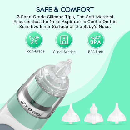 Electric Nasal Aspirator for Baby, Nose Aspirator for Toddlers, Waterproof Baby Nose Sucker, Nose Cleaner with 3 Silicone Tips, Adjustable Suction Level, Music and Light Soothing Function,Green