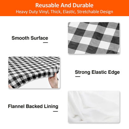 KENOBEE Picnic Table and Bench Fitted Tablecloth Cover, 3-Piece Set, Flannel Backing Elastic Edge Waterproof Wipeable Plastic Cover Vinyl Tablecloth for Home Goods Indoor Outdoor Patio, Black-White