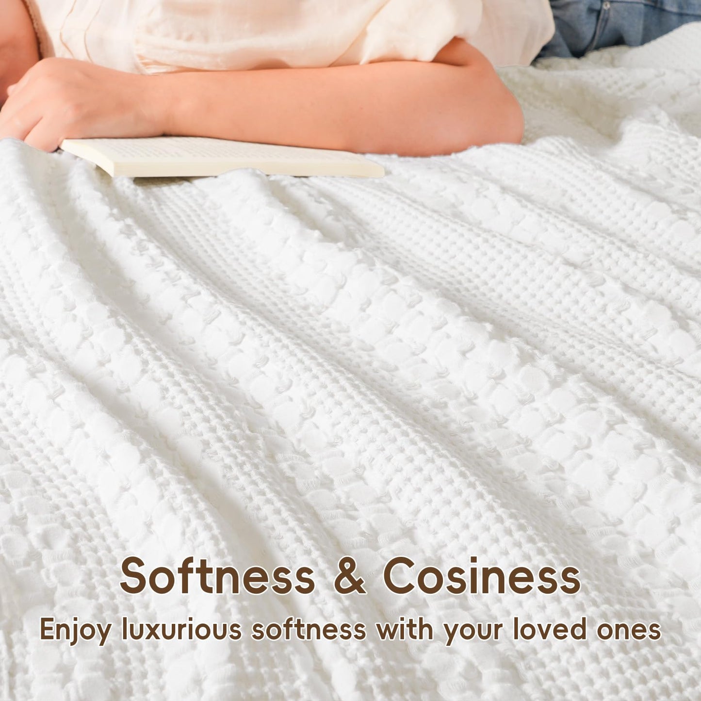 David's Home 100% Cotton Waffle Weave Throw Bed Blanket Queen Size, Lightweight Breathable Soft Spring Blanket for Bed, Gift for Women, Aesthetics Home Decor for Couch Sofa Bedding，White，90" * 90"