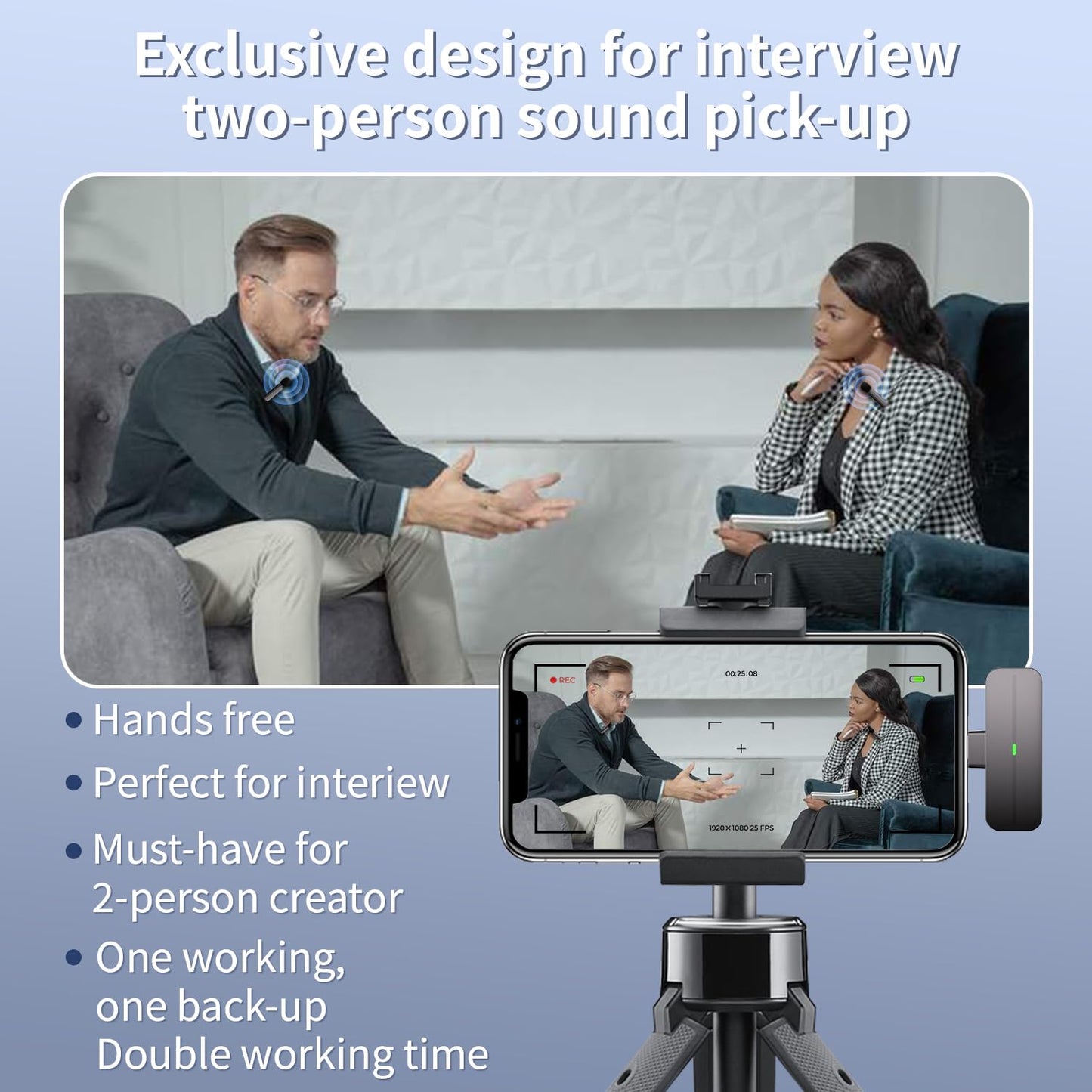 2 Pack Wireless Mini Lavalier Lapel Microphone for iPhone,Android Phone(2 in 1) - 65ft Cordless Clip on Dual Mics with Noise Reduction 6H Working Time for Video Recording Vlogging, YouTube,(Black)