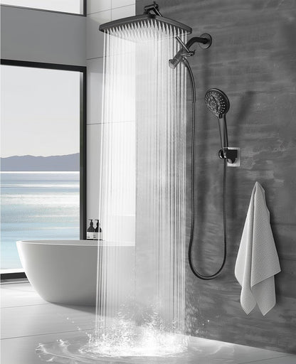 Heemli 12 Inch Rain Shower Head - High Pressure Shower Head, Dual Shower Heads with 8 Modes Handheld Spray Combo - Upgrade Extension Arm Height Adjustable, Black