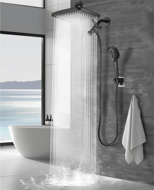 Heemli 12 Inch Rain Shower Head - High Pressure Shower Head, Dual Shower Heads with 8 Modes Handheld Spray Combo - Upgrade Extension Arm Height Adjustable, Black