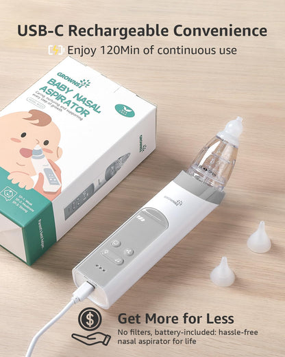 GROWNSY Nasal Aspirator for Baby, Baby Nose Sucker Pro with 3 Soft Silicone Tips, Adjustable Suction, Electric Nose Suction for Baby, Built-in Music & Light Soothing