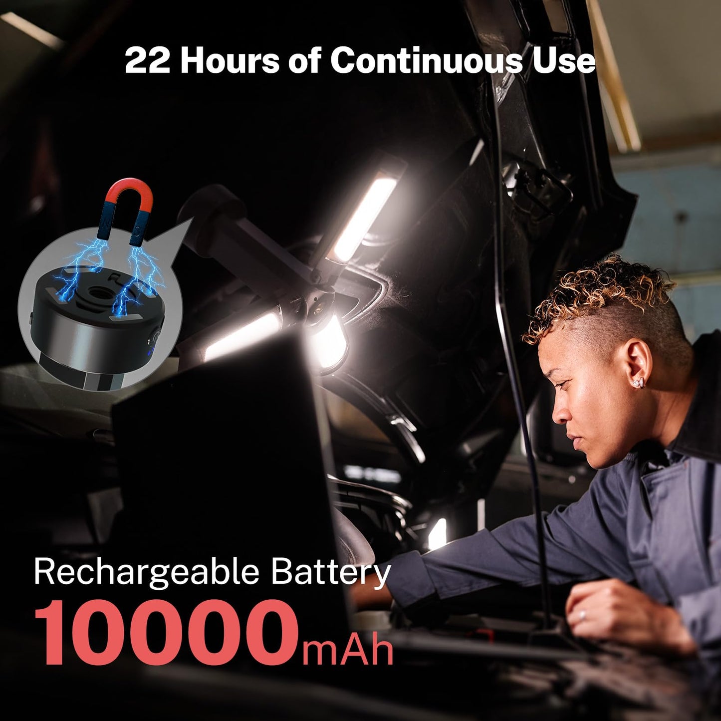 OGERY Rechargeable 10000mAh Camping Light with Stand 6.5 ft Max Height, Cordless Work Light with 3 LED Lamp Heads, 2200 Lumens Dimmable Magnetic Emergency Flashlight with Detachable Tripod, Black