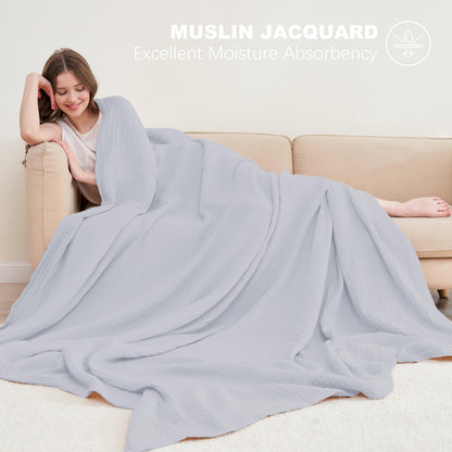 Cosy Family 6 Layer Muslin Bed Blanket - Breathable and Lightweight Gauze Boho Blanket for Spring, Soft 100% Cotton Muslin, Slate, 80x90 Inches