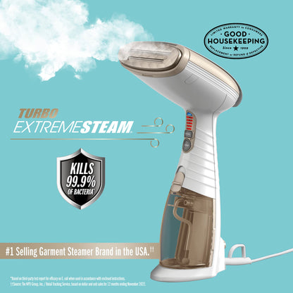 Conair Handheld Garment Steamer for Clothes, Turbo ExtremeSteam 1875W, Portable Handheld Design, Strong Penetrating Steam, White / Champagne