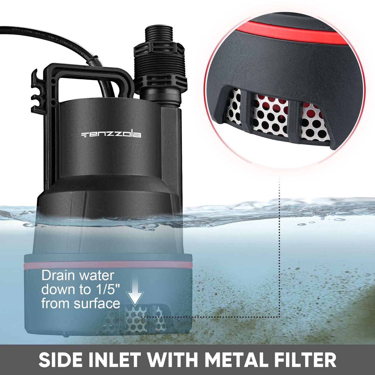 Tenzzola Sump Pump, 1/3 HP 2400GPH Submersible Utility Water Pump, Thermoplastic Portable Electric Water Removal Transfer Pump with 16.4FT Cord for Swimming Pool Basement Garden Pond Tubs Draining