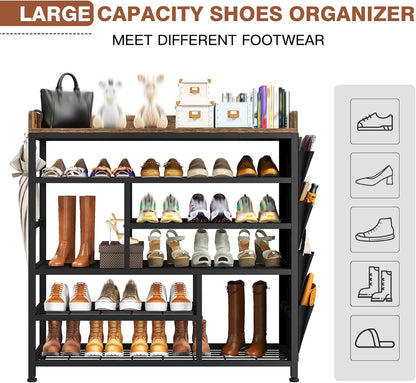 EnHomee Metal Shoe Rack for Entryway with Boots Storage for 22 Pairs Wood Shoes Rack Wooden Top and Side Pocket for Entry, Entrance, Hallway, Black