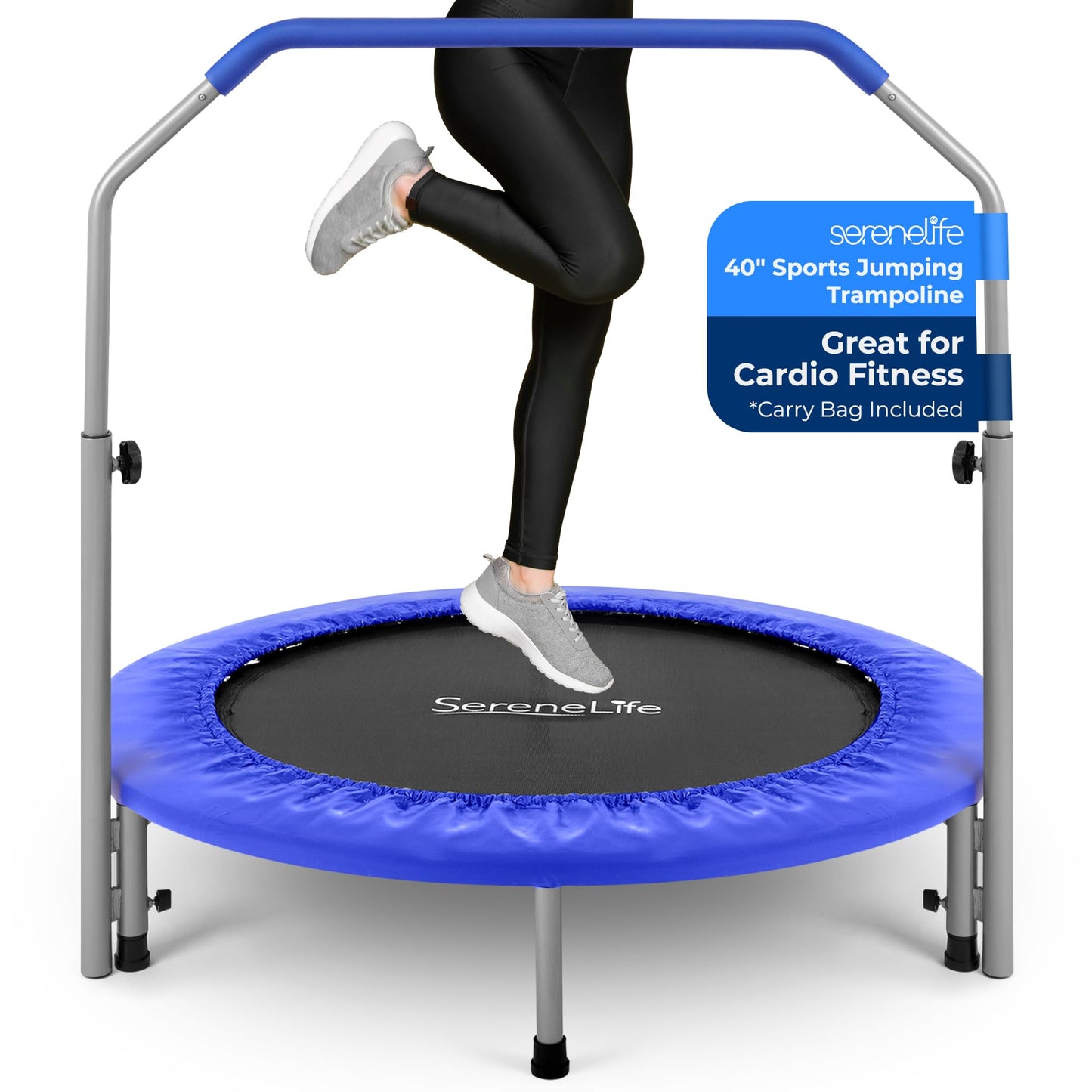 SereneLife 36"/40" Portable & Foldable Trampoline in-Home Mini Rebounder with Adjustable Handrail for Indoor and Outdoor Workout Use, Fitness Body Exercise, Round Jumping Cardio, Safe for Kids/Adults