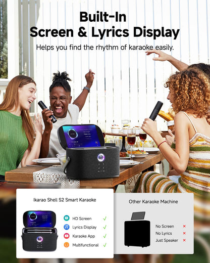 Ikarao Portable Karaoke Machine for Adults, Built-in Lyrics Display and Screen, 2 Self-Charging Wireless Microphones, Karaoke App, 140W Speaker, Connects to TV for Home Party Birthday Outdoor Camping