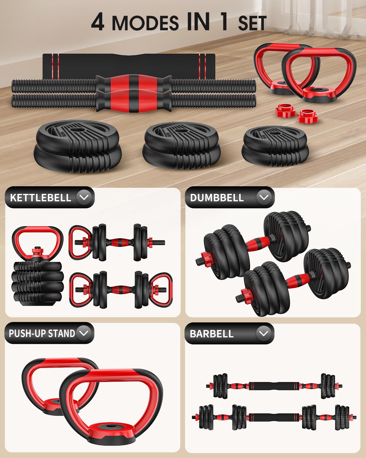 UNNMIIY Adjustable Dumbbell,10/20/35/45/70/90/110lbs Free Weight Set with Connector,4 in1 Dumbbell Used as Barbell,Kettlebells,Push up Stand,Fitness Exercises Home Gym Men/Women(20LBS(10LBS PAIR))