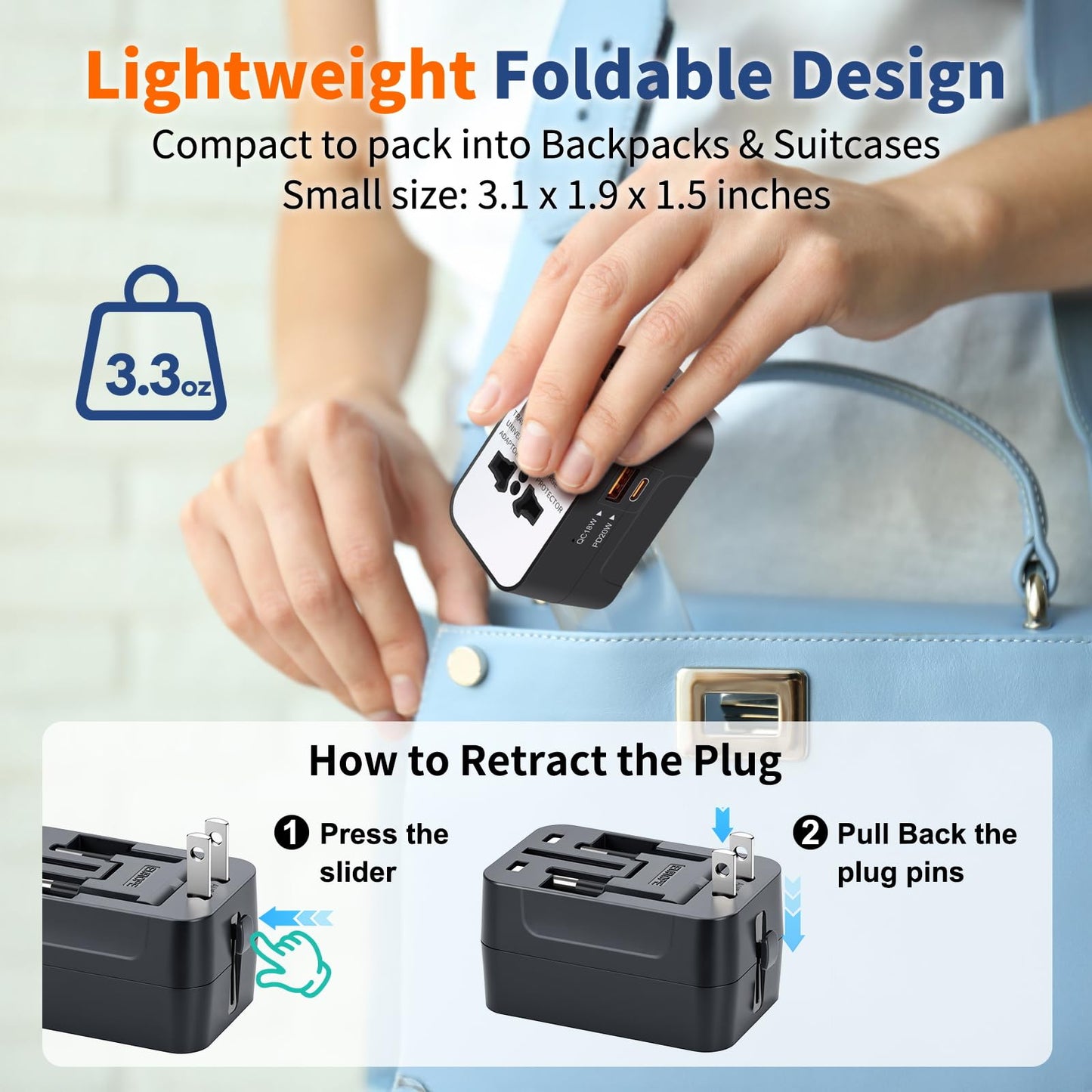 International Universal All in One Worldwide Travel Adapter Fast Charger with PD 3.0 Type C & USB-A Quick Charging Wall Charger AC Power Plug Adapter for USA EU UK AUS European Cell Phone Laptop