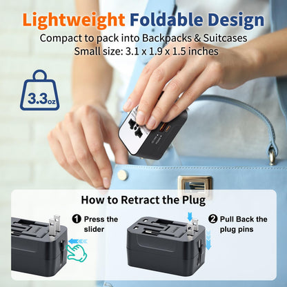 International Universal All in One Worldwide Travel Adapter Fast Charger with PD 3.0 Type C & USB-A Quick Charging Wall Charger AC Power Plug Adapter for USA EU UK AUS European Cell Phone Laptop