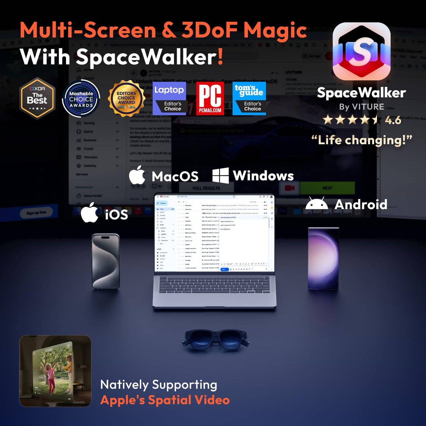 VITURE Pro XR/AR Glasses — 135" 120Hz 1000Nits UltraClarity Display, Harman Audio, Myopia Adjustments, Electrochromic Film, Video Display Glasses for iPhone 16/15/Android/Mac/PC/Steam Deck/Consoles