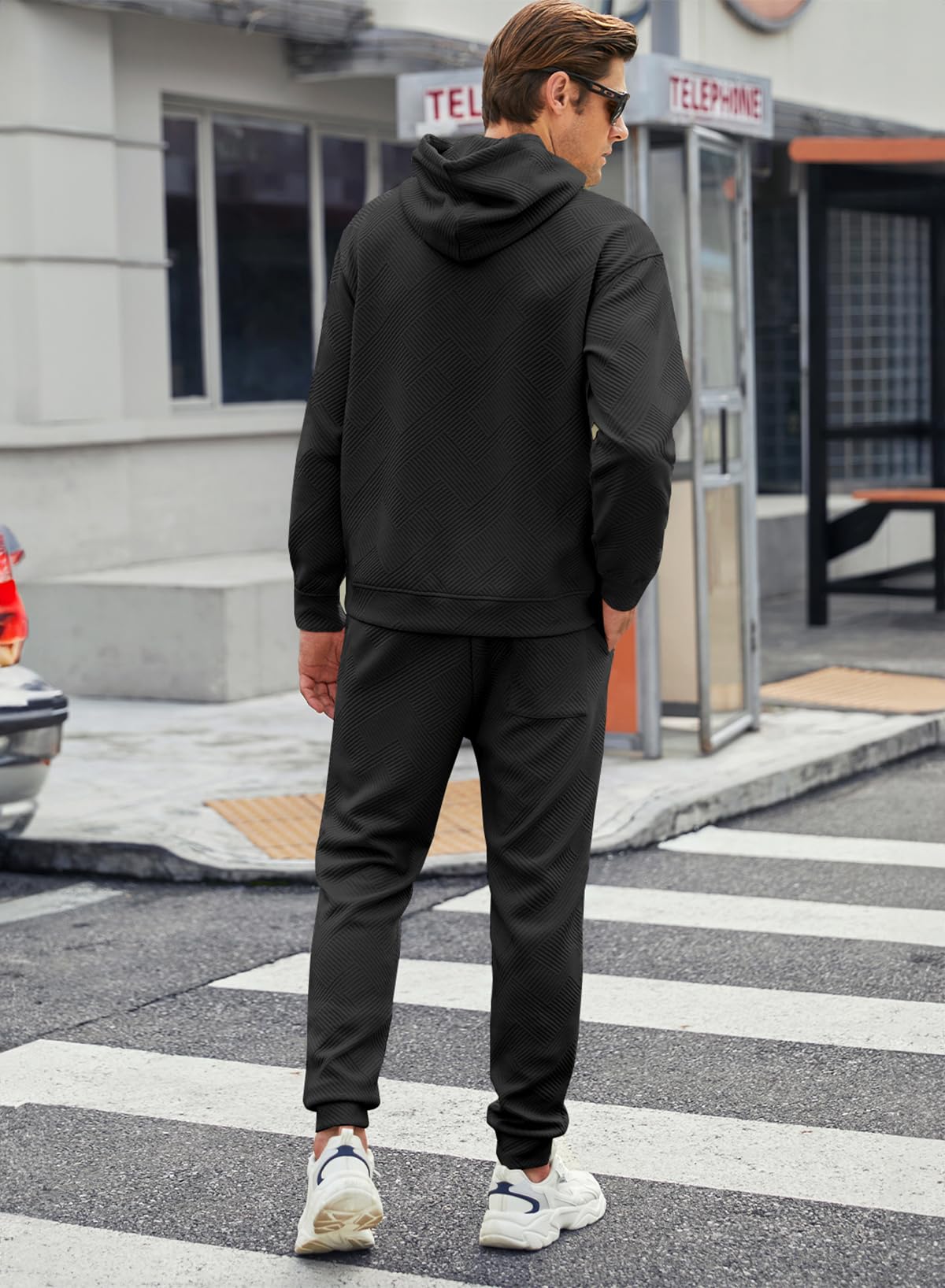 JMIERR Sweatsuits for Men Set 2 Piece Airport Outfits Jacquard Sweatsuits Long Sleeve Hoodie Sweatshirt & Joggers Sweatpants, Fall Tracksuit Matching Lounge Sets, Large, Black