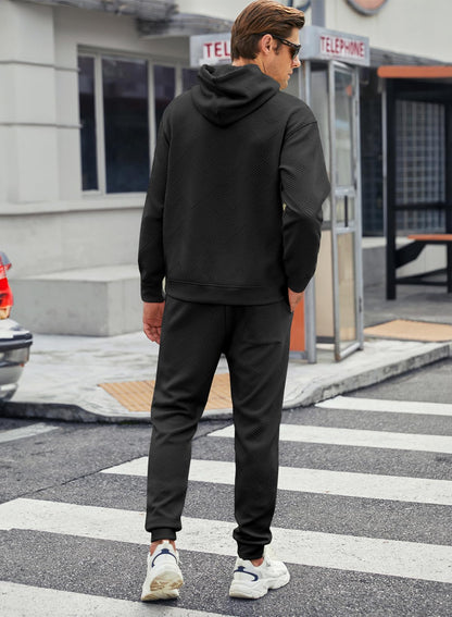 JMIERR Sweatsuits for Men Set 2 Piece Airport Outfits Jacquard Sweatsuits Long Sleeve Hoodie Sweatshirt & Joggers Sweatpants, Fall Tracksuit Matching Lounge Sets, Large, Black