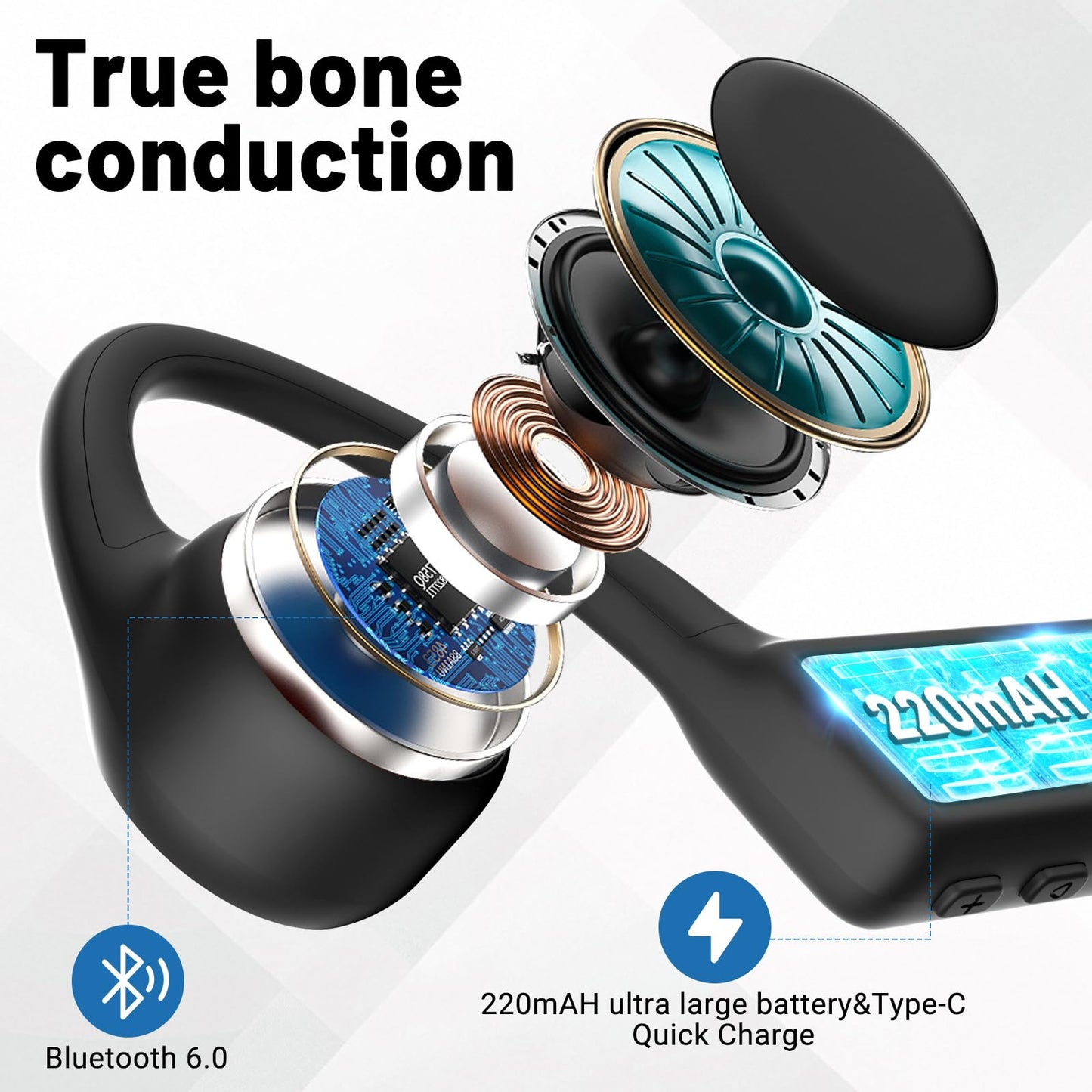 Gelecek New Waterproof Open-Ear Bone Conduction Headphones - Bluetooth 6.0, 10-Hour Battery Life, Ultra-Light Wireless Headset with Stable Connection, Ideal for Running, Cycling, Workout, Hiking