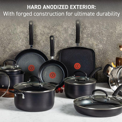 T-fal Ultimate Hard Anodized Nonstick Cookware Set 14 Piece, Oven Broiler Safe 400F, Lid Safe 350F, Kitchen Cooking Set w/Fry Pans, Saucepans, Griddle, Dutch Oven, Pots & Pans, Dishwasher Safe, Black