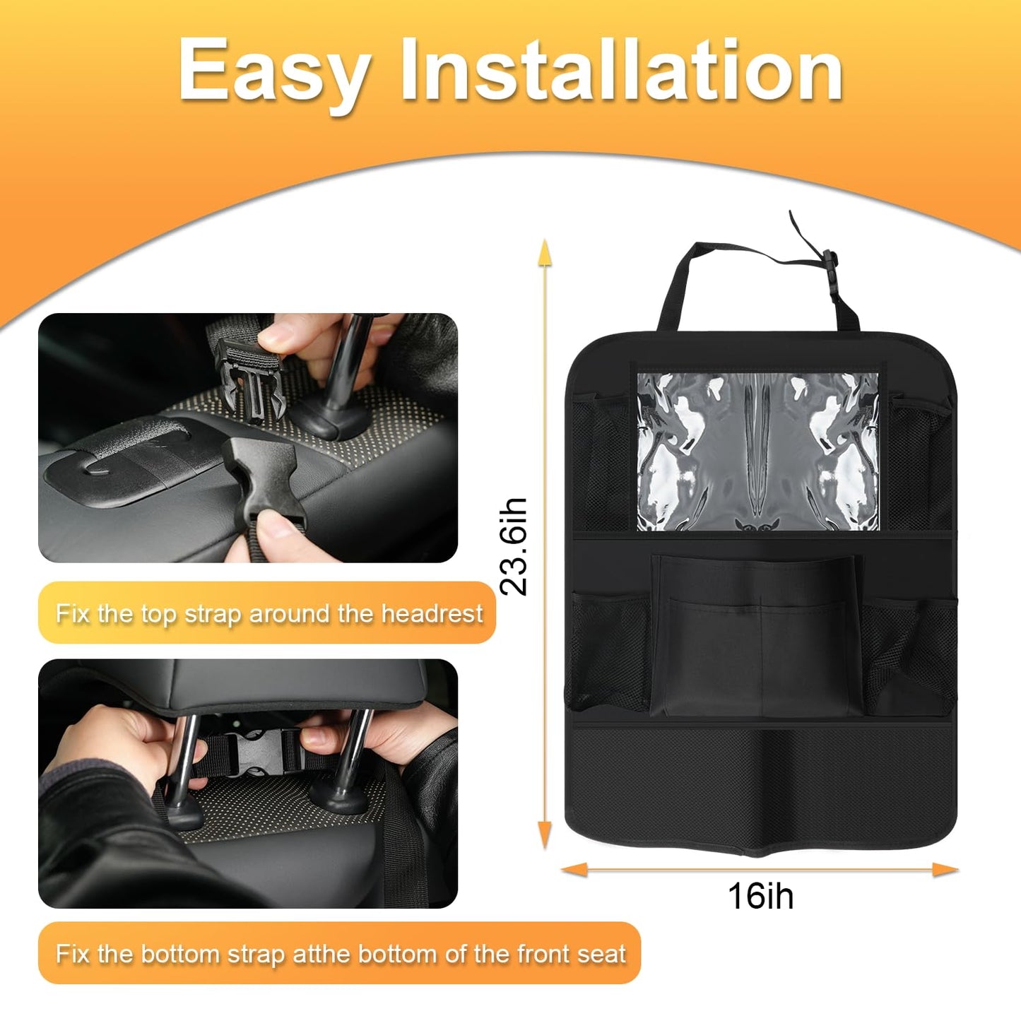 JUSTTOP Black Car Backseat Organizer with Touch Screen Tablet Holder, 9 Storage Pockets Kick Mats Car Seat Back Protectors for Kids Toddlers, Car Travel Accessories, 2 pack