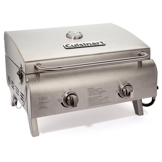 Cuisinart Chef's Style Tabletop Portable Propane Gas Grill with Dual Burners (20,000 BTUs Total), Twist-Start Ignition Stainless Steel BBQ Grill for Camping, Tailgates, BBQ, Hassle-Free Setup