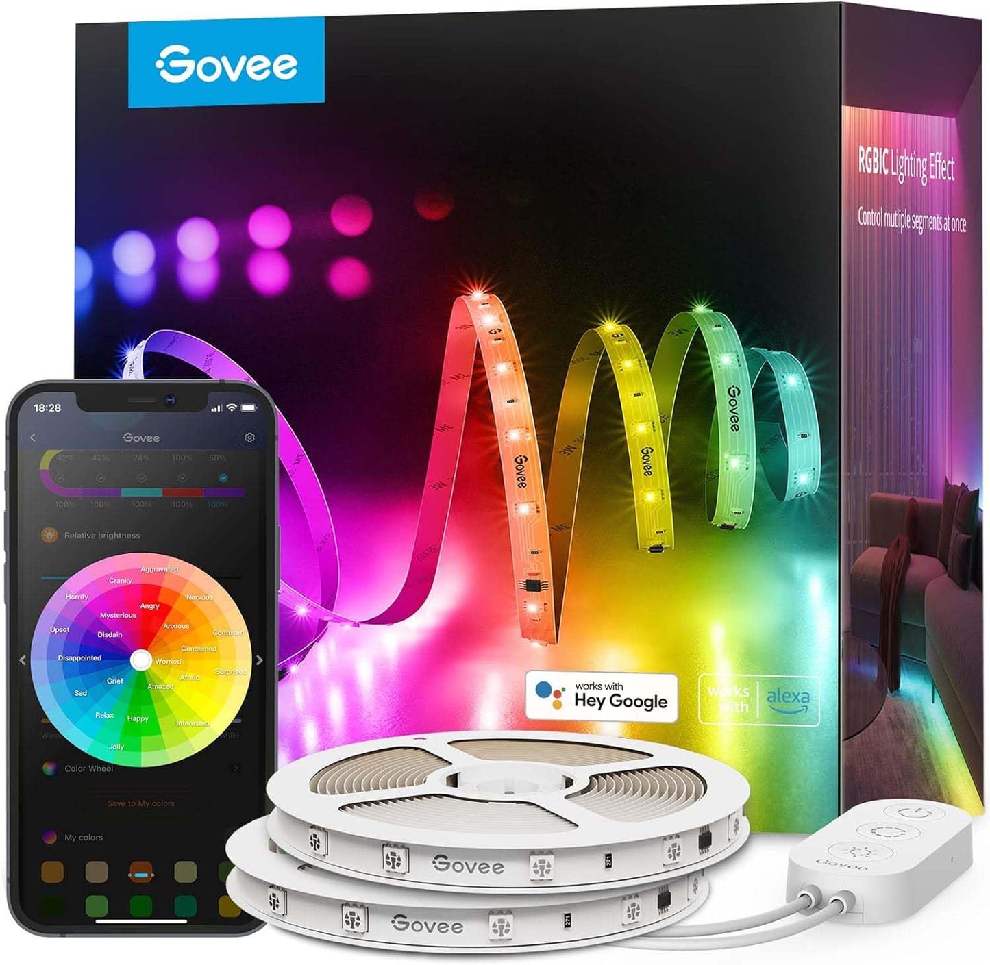 Govee 100ft RGBIC LED Strip Lights, Smart LED Lights Work with Alexa and Google Assistant, LED Lights for Bedroom WiFi App Control Segmented DIY Multiple Colors, Color Changing Light, Christmas lights