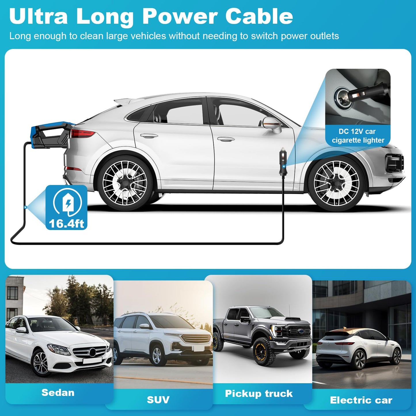 Car Vacuum Cleaner - Portable Handheld Vacuum High Power with 16.4ft Cord, Bag, LED Light & Attachments - DC 12V High Power Small Vacuum for Car, RV, Boats, Travel