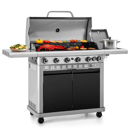 Captiva Designs 6-Burner Propane Gas BBQ Grill with Side Burner & Porcelain-Enameled Cast Iron Grate and Plate for Outdoor Barbucue Events, 52,000 BTU Output,740 SQ.IN. Cooking Area，Heavy Duty