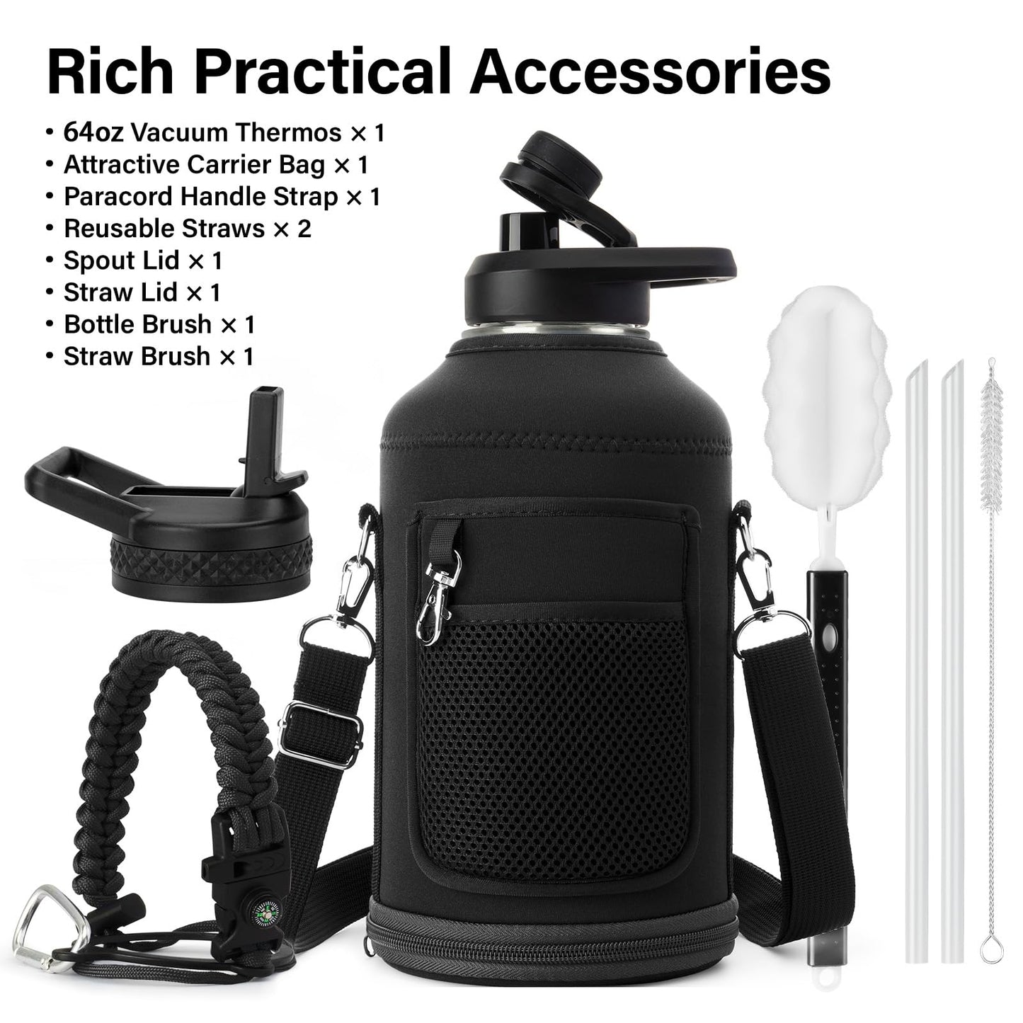 DYSANKY Insulated Water Bottle | Thickened Stainless Steel Vacuum Metal Thermos | Portable Sports Half Gallon Large Water Jug for Gym and Hiking with Straw, Carrier Bag, Handle Strap | BPA-Free 64 oz