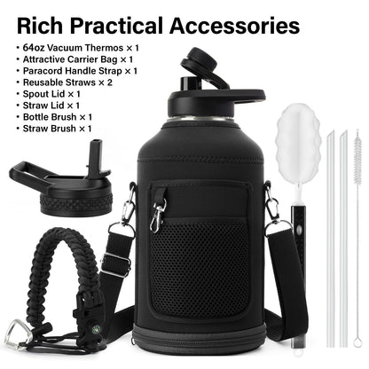 DYSANKY Insulated Water Bottle | Thickened Stainless Steel Vacuum Metal Thermos | Portable Sports Half Gallon Large Water Jug for Gym and Hiking with Straw, Carrier Bag, Handle Strap | BPA-Free 64 oz