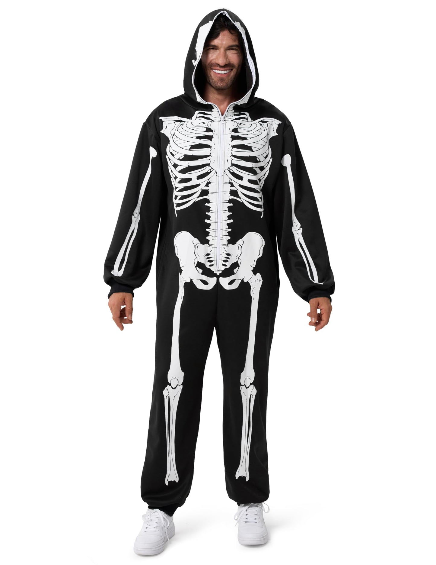 Spooktacular Creations Halloween Skeleton Pajama, Skeleton Costume for Adult Men, Hooded Plush Pajamas Jumpsuit, Zip-Up Skull Jumpsuit for Adult Men Halloween Cosplay Costume Themed Parties Black