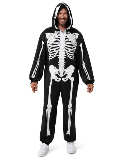 Spooktacular Creations Halloween Skeleton Pajama, Skeleton Costume for Adult Men, Hooded Plush Pajamas Jumpsuit, Zip-Up Skull Jumpsuit for Adult Men Halloween Cosplay Costume Themed Parties Black