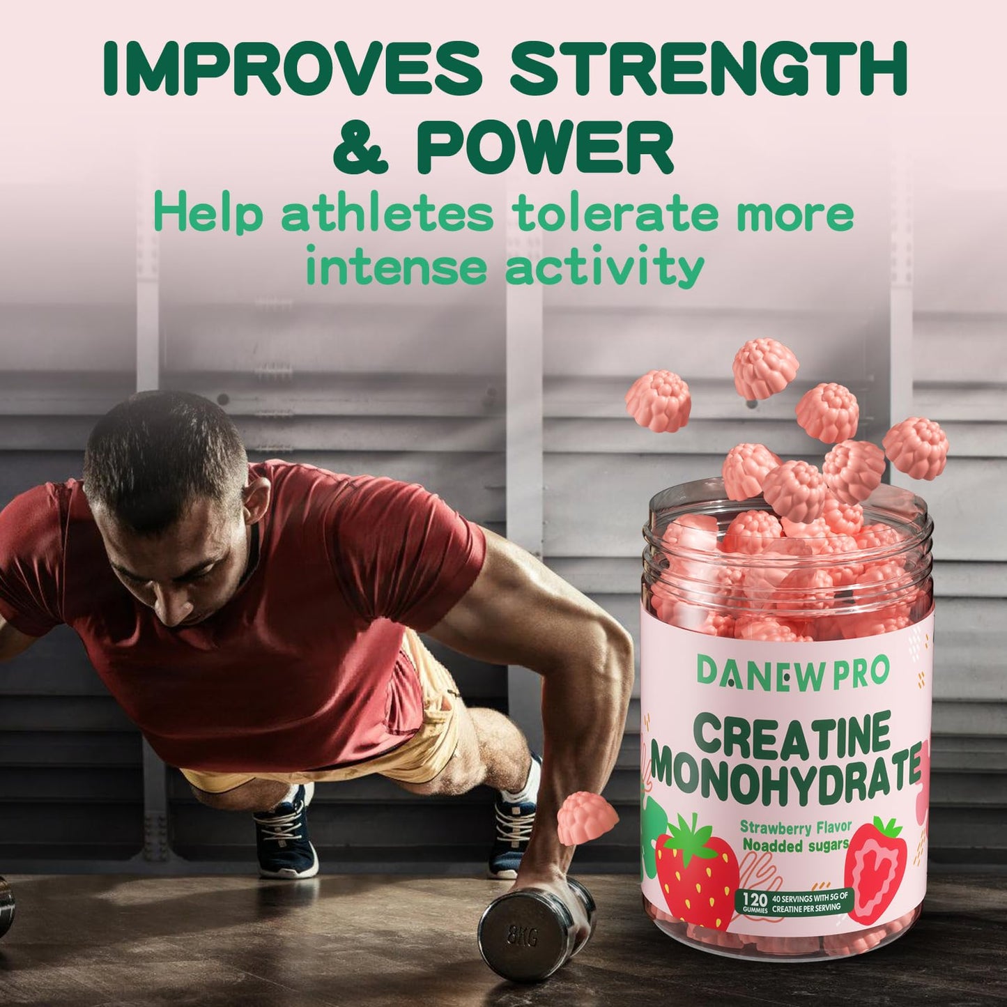 DANEW Pro Creatine Monohydrate Gummies for Men & Women, Creatine Monohydrate for Muscle Strength, Muscle Builder, Energy Boost, Pre-Workout Supplement(120 Count)-Strawberry Flavor