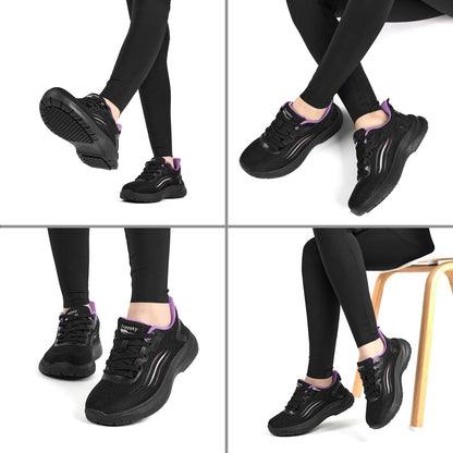 Treesky Non Slip Work Shoes for Women in Food Service - Slip Resistant, Comfortable & Lightweight Sneakers, Suitable for Restaurant, Kitchen & Nursing Crews (Black & Purple, Size 7)