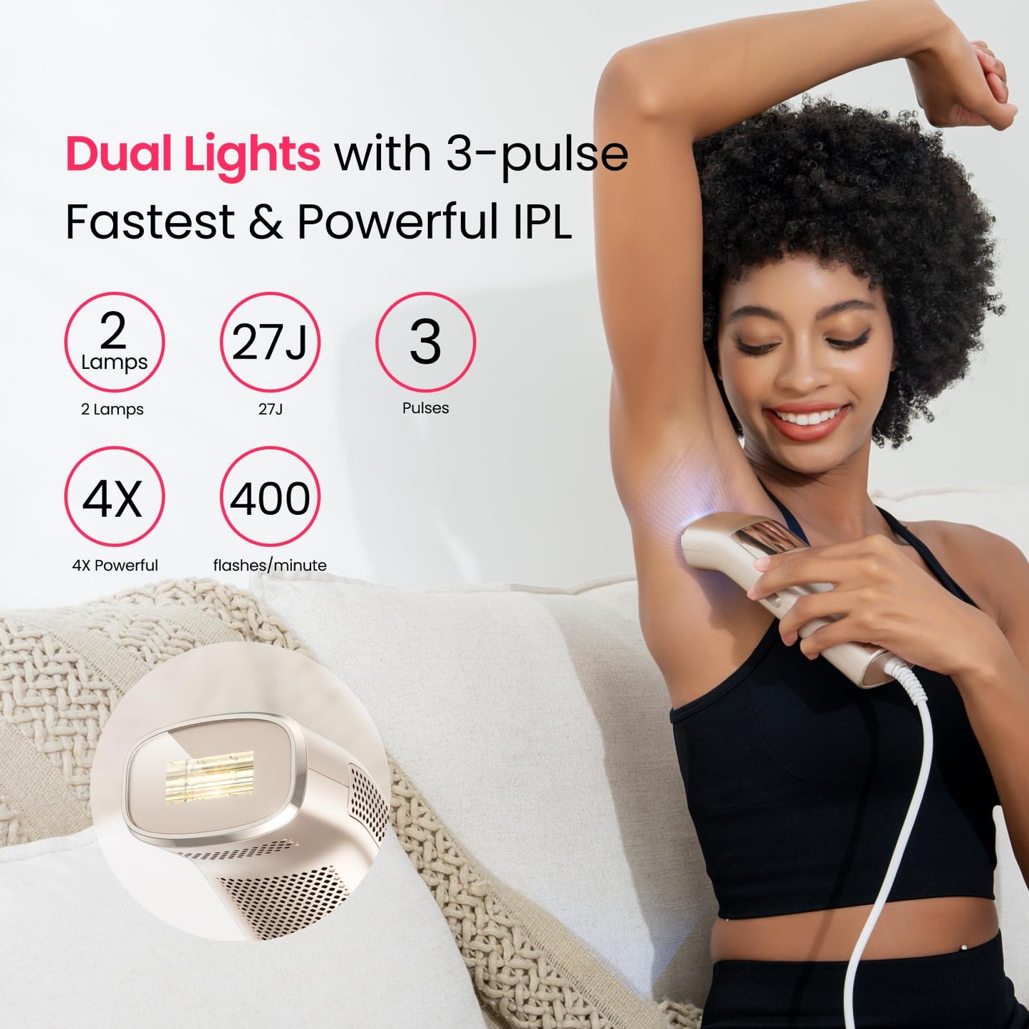 IPL Laser Hair Removal for Women and Men, 2 Lights, 2℃, 16.6 cm² Sapphire Ice Cooling for Sensitive Skin, 4-Pulse Mode for Ingrown Hair, Bikini, Face, Body Permanent Epilator Home Hair Removal Device