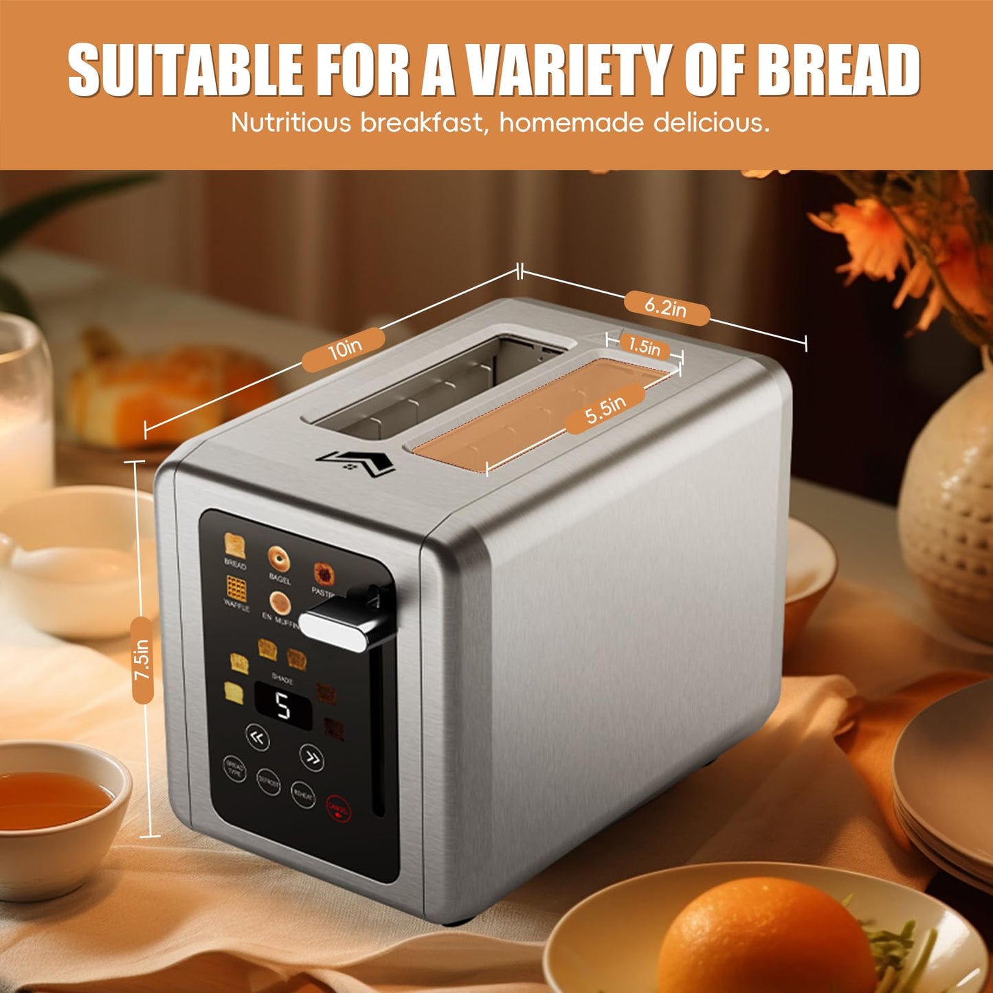 WUNLY Touch screen Toaster 2 slice,Stainless Steel Digital Timer Toasters with Sound Function,6 Bread Types & 6 Shade Settings,Smart Extra Wide Slots Toaster with Bagel,Defrost Functions