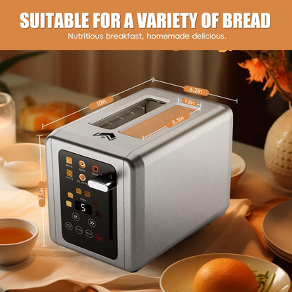 WUNLY Touch screen Toaster 2 slice,Stainless Steel Digital Timer Toasters with Sound Function,6 Bread Types & 6 Shade Settings,Smart Extra Wide Slots Toaster with Bagel,Defrost Functions