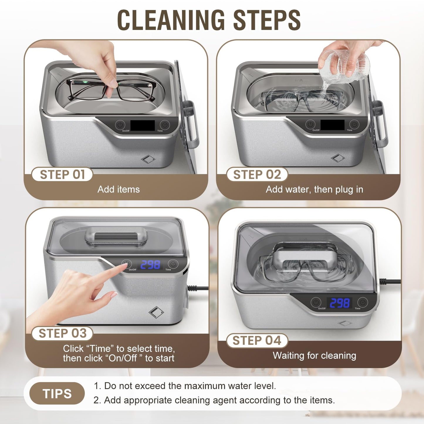LifeBasis Jewelry Cleaner, Professional Ultrasonic Cleaning Machine 20 Ounces (600ML) Sonic Cleaner with Digital Timer, Watch Holder Glasses Cleaner for Ring, Coin, Watch, Gold Cleaning - Silver