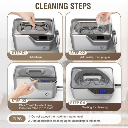 LifeBasis Jewelry Cleaner, Professional Ultrasonic Cleaning Machine 20 Ounces (600ML) Sonic Cleaner with Digital Timer, Watch Holder Glasses Cleaner for Ring, Coin, Watch, Gold Cleaning - Silver