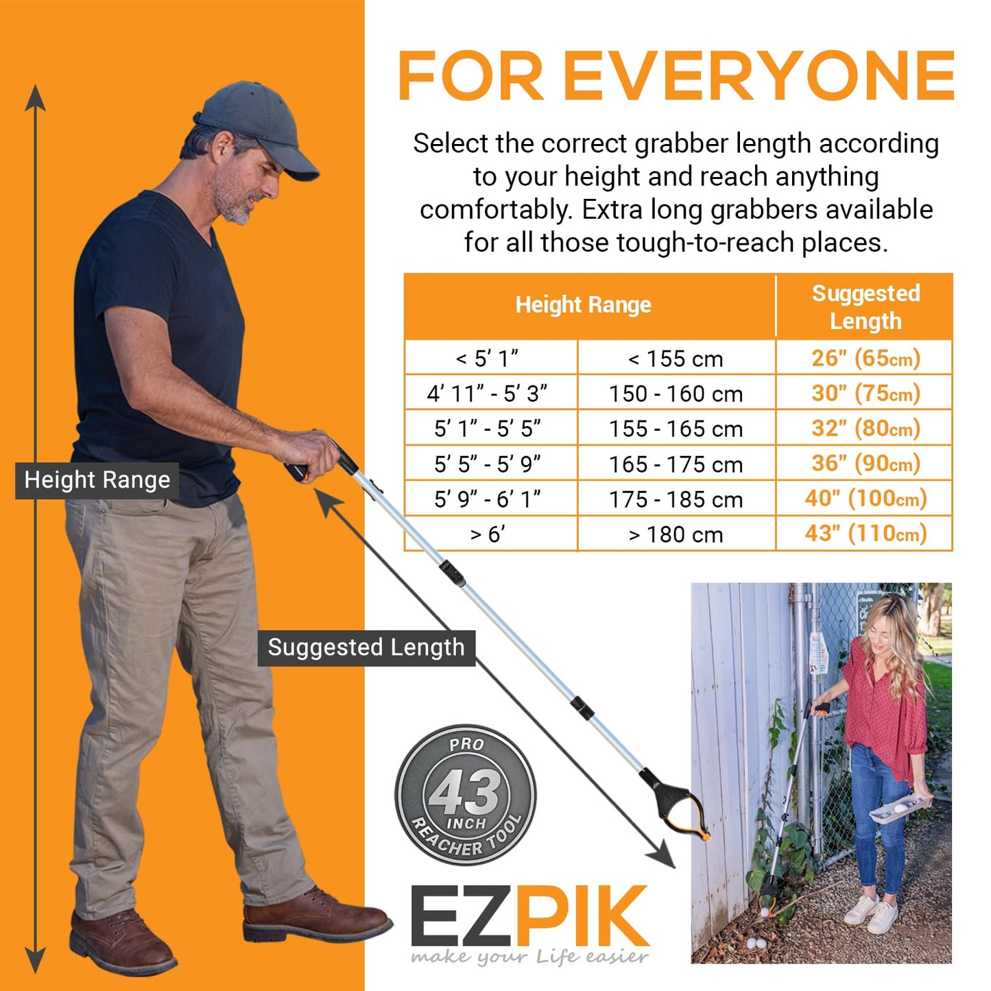 EZPIK Pro 43" Foldable Grabber Reacher Tool for Seniors - Grabbers for Elderly Reaching Tool Heavy Duty Pickup Trash Picker Upper Equipment - Claw Grabber Stick for Reaching Aids, Weed Gripper 2-Pack