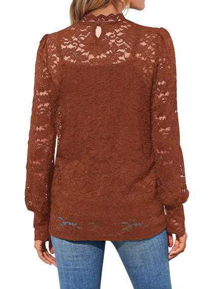 DOROSE Womens Tops Dressy Casual Fall Lace Long Sleeve Blouses Shirts Coffee S