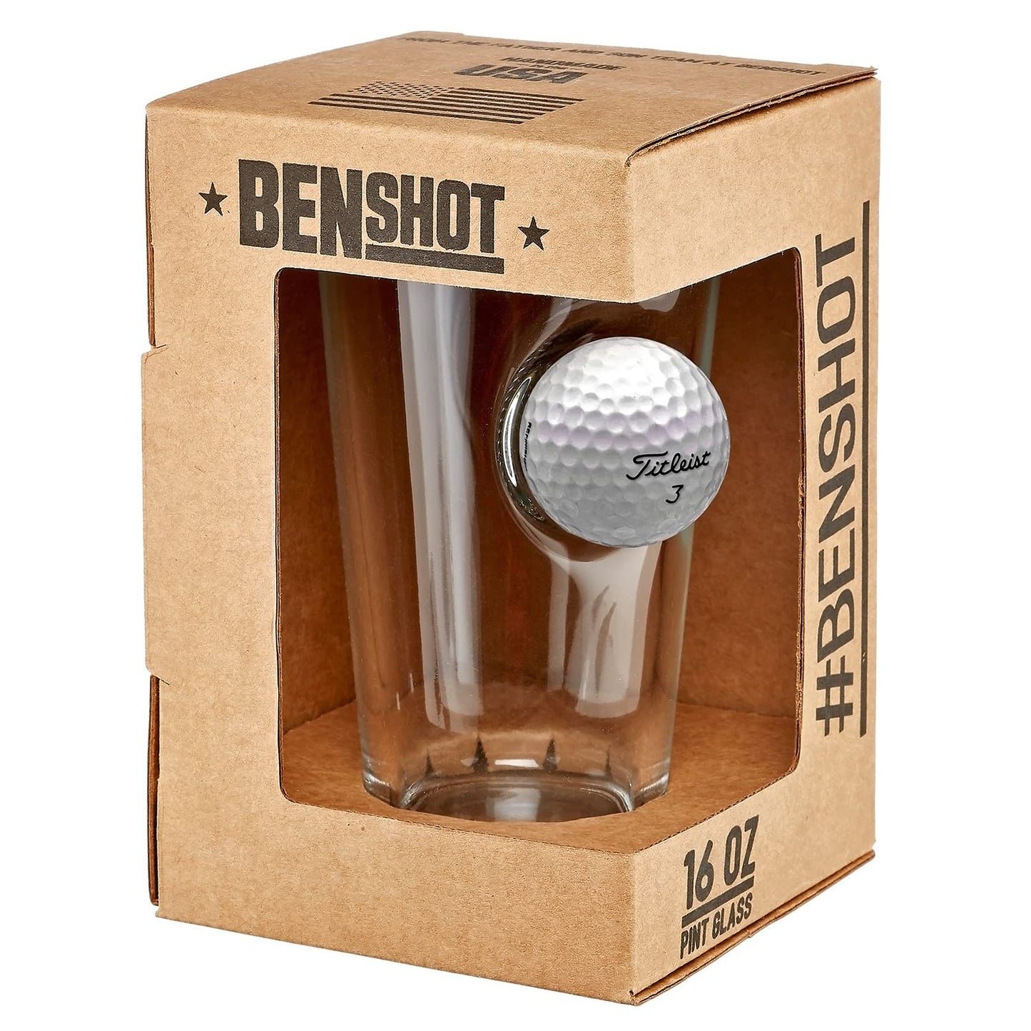 BenShot Pint Glass with Real Golf Ball - 16oz | Made in the USA