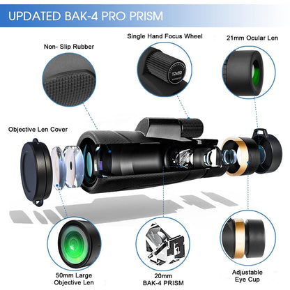 12x60 Monocular Telescope with Smartphone Holder & Upgraded Tripod, High Powered SMC & BAK4 Scope, Birthday Gifts for Men Dad Him Husband Teen, Gifts for Fathers Day, Outdoors Survival Hiking Gear