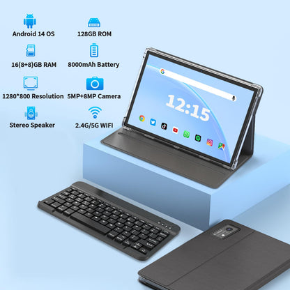 Android 14 Tablet, 10 inch Tablet with Keyboard, 16GB+128GB, 1TB Expand, Octa-Core, 2.4G/5G WiFi, 8000mAh, BT V5.0, GMS Certified, IPS Touch Screen, GPS, with Case, Mouse, Stylus(Black)