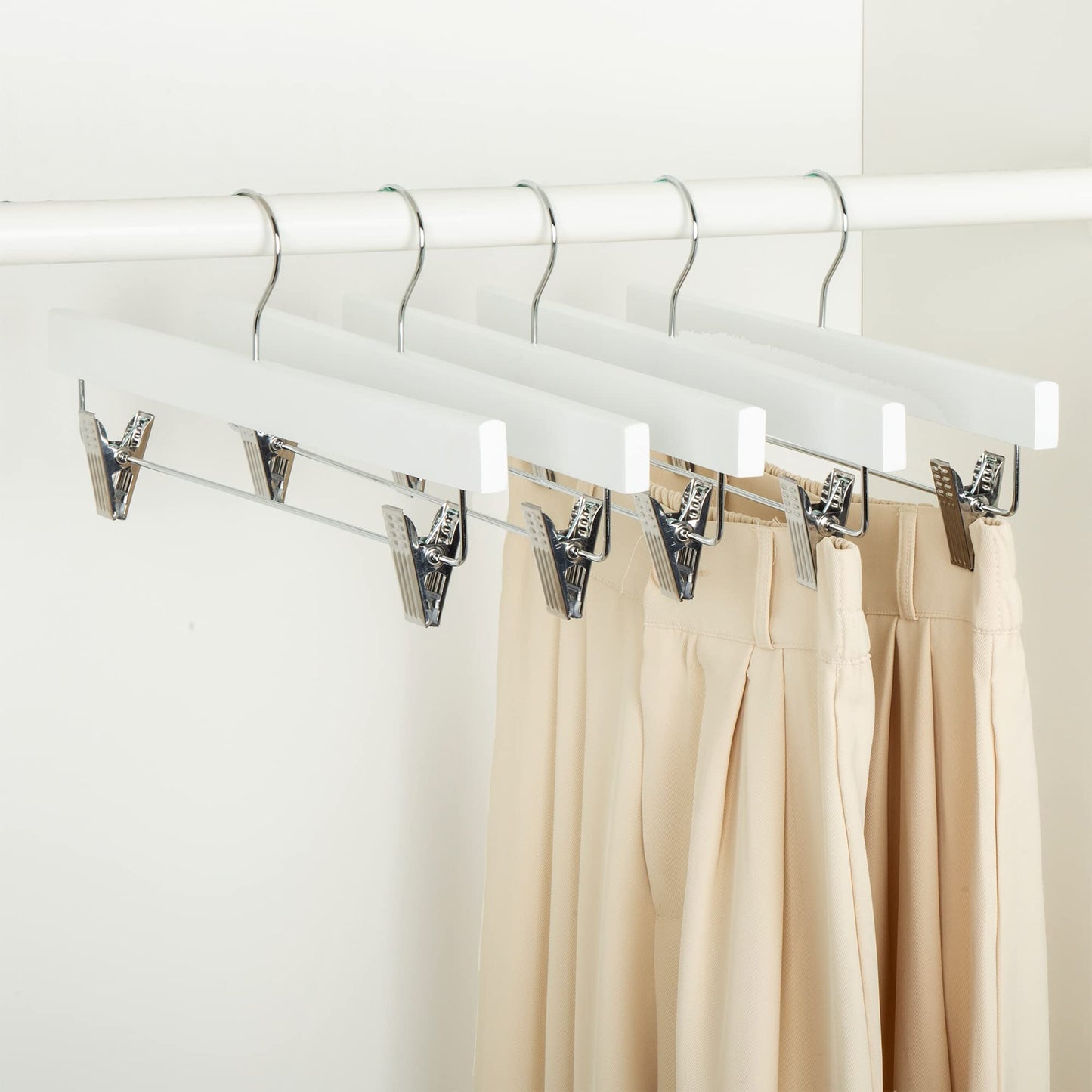 Amazon Basics Durable Wooden Pants and Skirt Hangers with Clips - White, 10-Pack